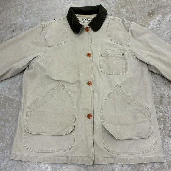 LL Bean Mens Field Jacket Mens Large Beige Collar Barn Chore Unlined - Picture 4 of 14